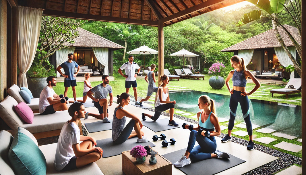 Participants at a serene fitness retreat, including flight attendants, pilots, and travel nurses, engaged in dumbbell workouts and stretching exercises in a picturesque outdoor setting.