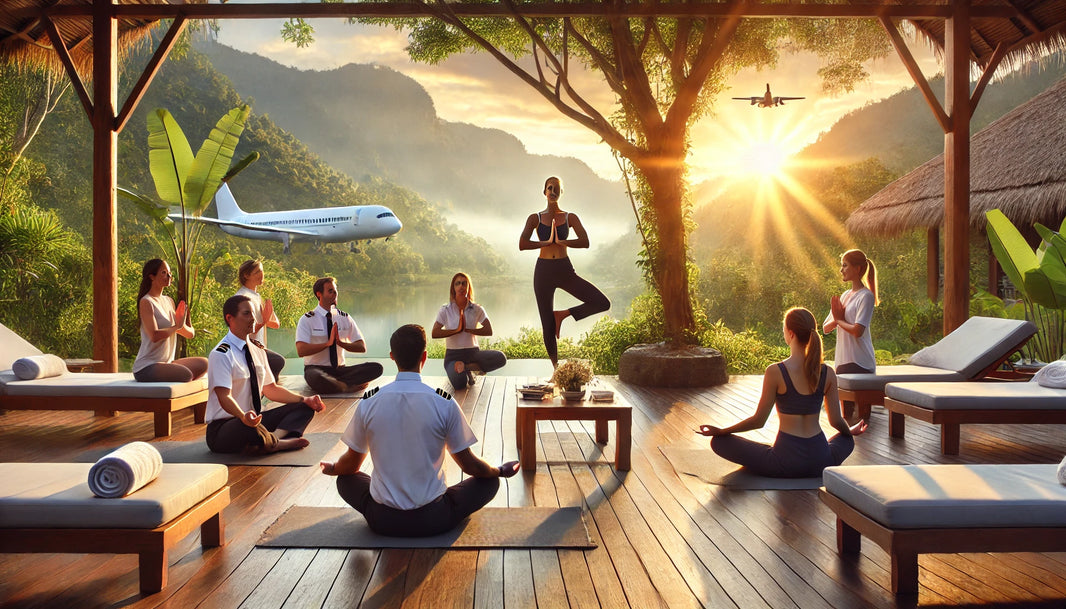 Group of professionals including pilots, flight attendants, and travel nurses participating in a sunrise yoga session at a serene outdoor fitness retreat with lush greenery and mountains in the background.