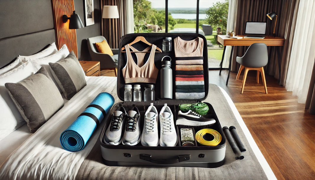 Open suitcase on a hotel bed packed with fitness retreat essentials including athletic shoes, moisture-wicking clothes, a yoga mat, resistance bands, a jump rope, a water bottle, and healthy snacks.