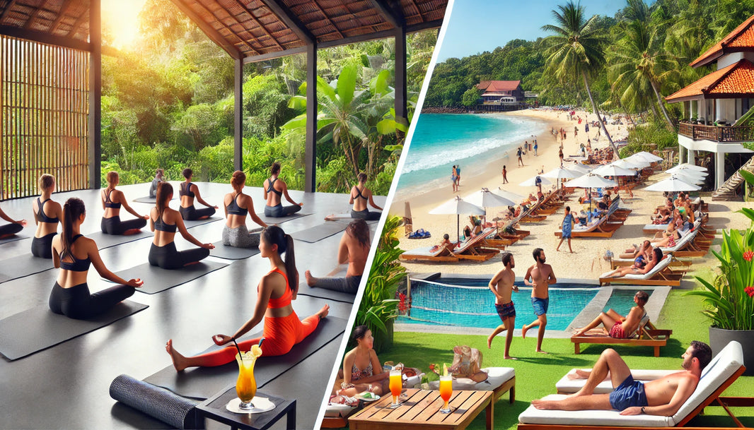 Comparison of a fitness retreat and a traditional vacation: People practicing yoga in a lush green area versus people enjoying sunbathing and beach activities.