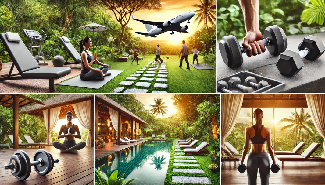 A serene fitness retreat setting with traveling professionals, including pilots, flight attendants, and travel nurses, engaging in outdoor yoga, high-intensity dumbbell workouts, and relaxing in tranquil meditation areas amidst a lush, green environment.