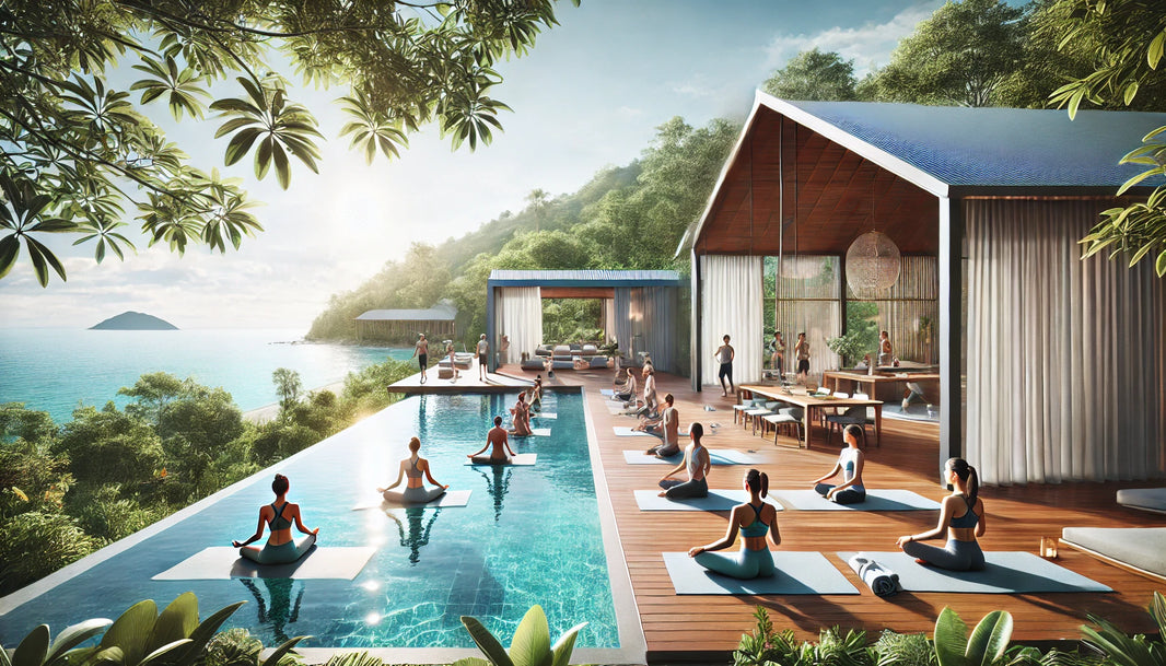 A serene fitness retreat in a tropical location with a modern outdoor yoga pavilion, lush greenery, an infinity pool overlooking the ocean, and people engaged in yoga, Pilates, and swimming.