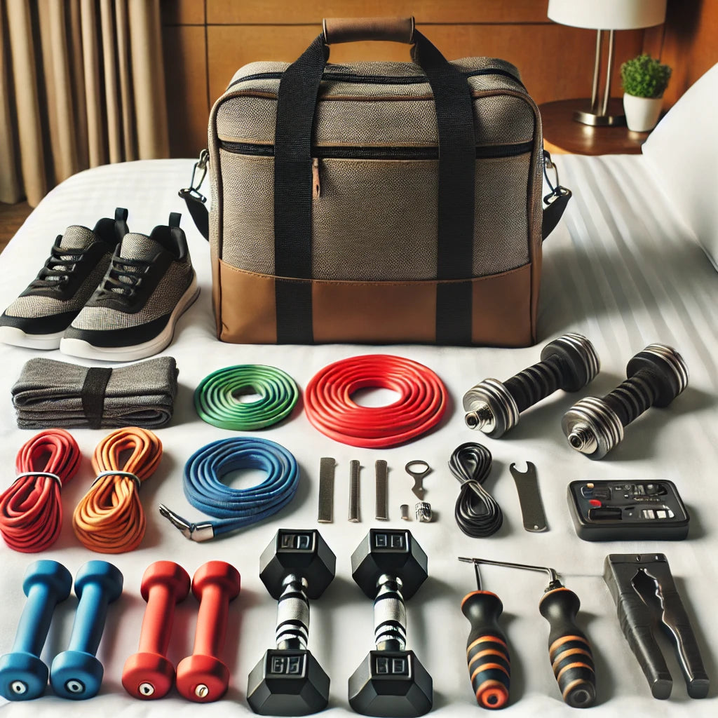  travel bag neatly organized with essential fitness repair parts including resistance bands, replacement dumbbell handles, a jump rope, a portable repair toolkit, and other small fitness accessories, set in a clean, modern hotel room.