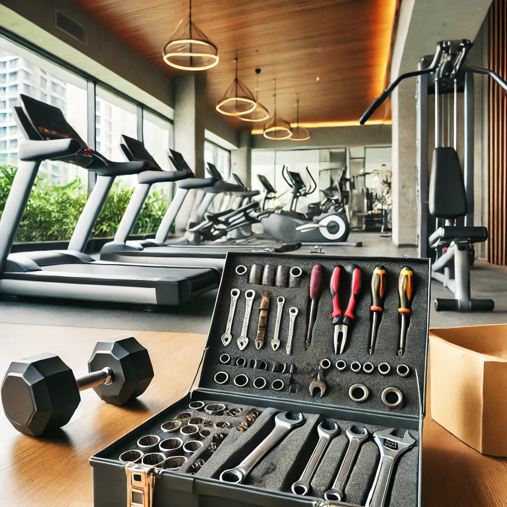 Hotel gym with various equipment including dumbbells, a treadmill, and an exercise bike, with a toolbox containing fitness repair parts like replacement cables and tools in the foreground.