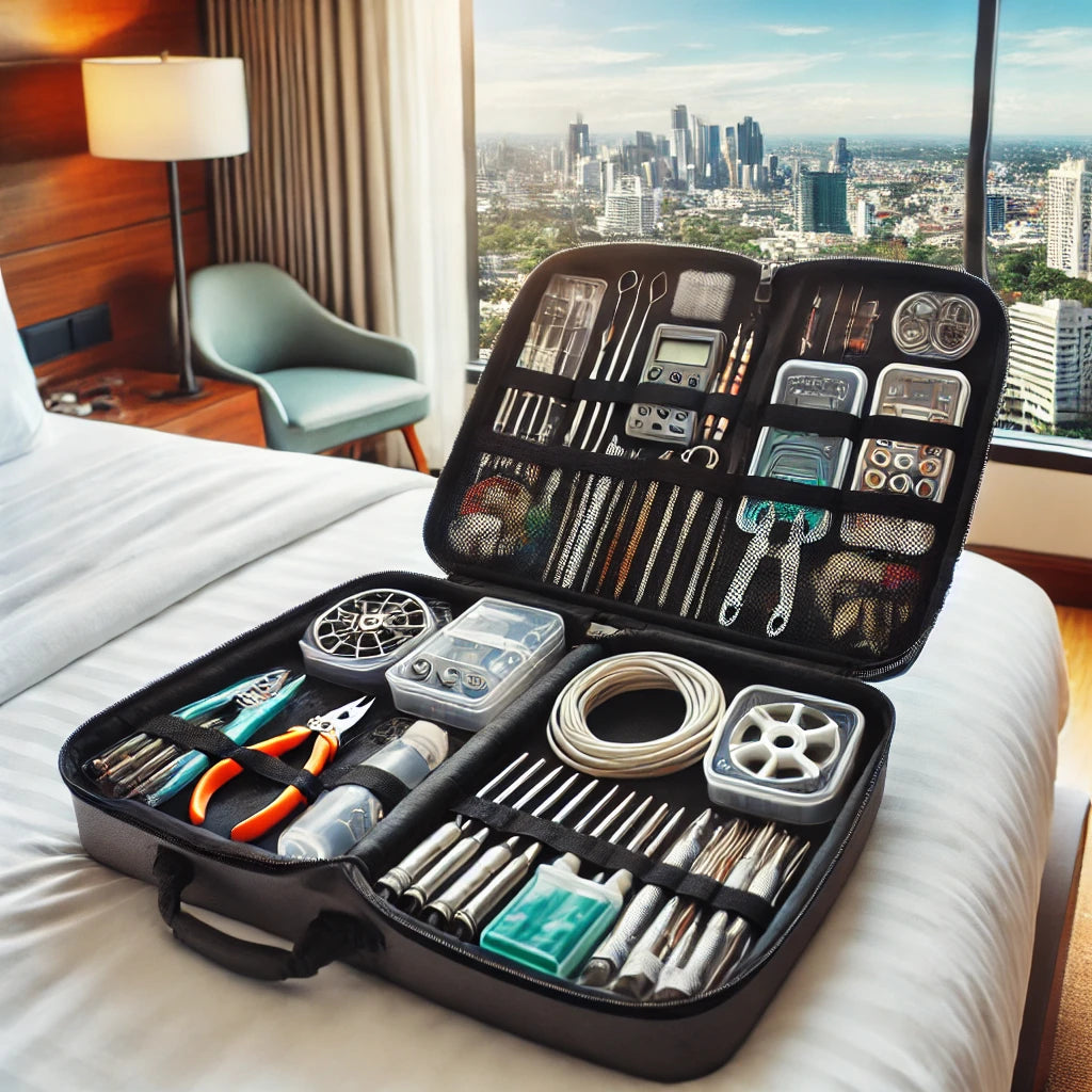 Open travel bag on a hotel bed with various fitness repair parts and tools, including replacement cables and portable tools, in a modern hotel room with a cityscape view through the window. 