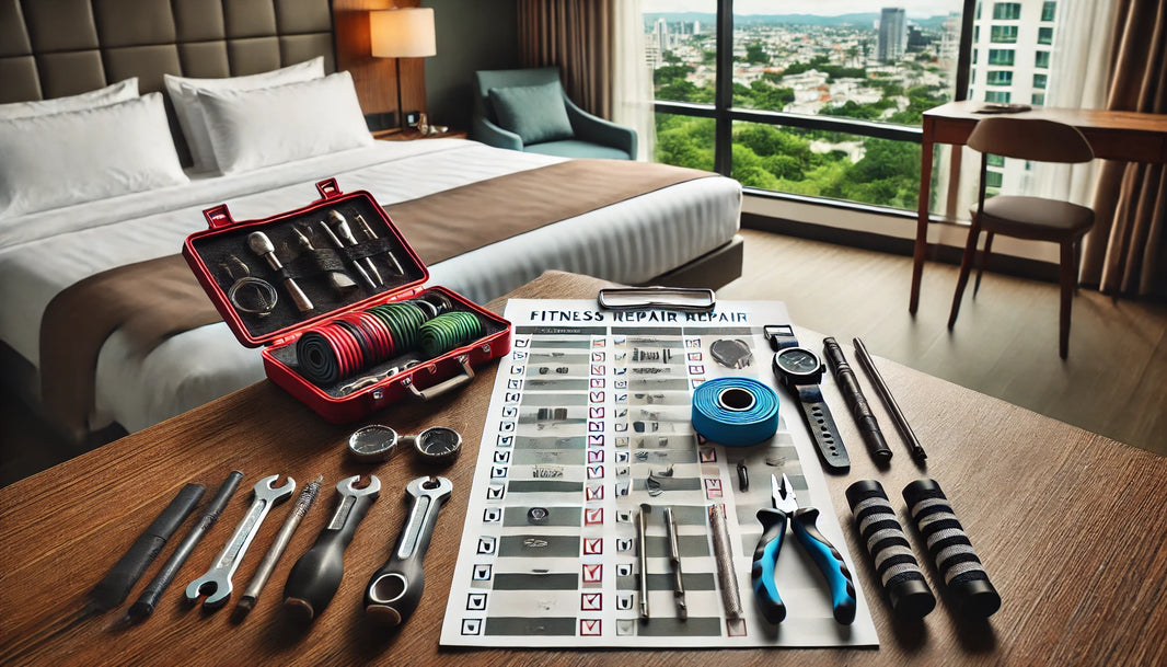 A neatly organized checklist with fitness repair parts, including resistance bands, dumbbells, and other portable workout gear, spread out on a hotel room table.
