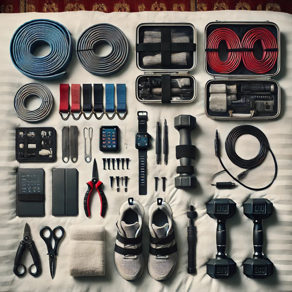 A neatly organized flat lay of essential fitness repair parts for portable exercise equipment, including resistance bands, dumbbells, replacement cables, screws, and a small toolkit, displayed on a hotel room desk.