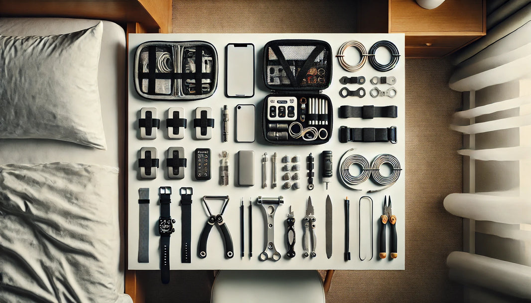 Flat lay of essential fitness repair parts for travelers, including replacement bands, a portable toolkit, and various small fitness gear components, arranged neatly on a minimalist hotel room table.