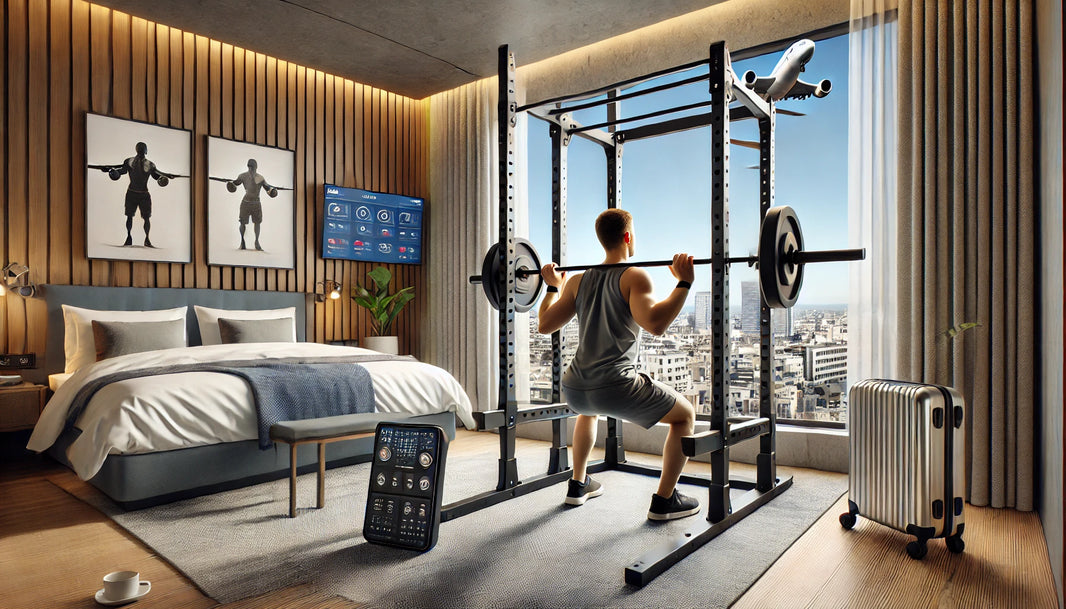 A travel professional working out with the Fitness Reality Squat Rack in a stylish hotel room, demonstrating the equipment's versatility and compact design.