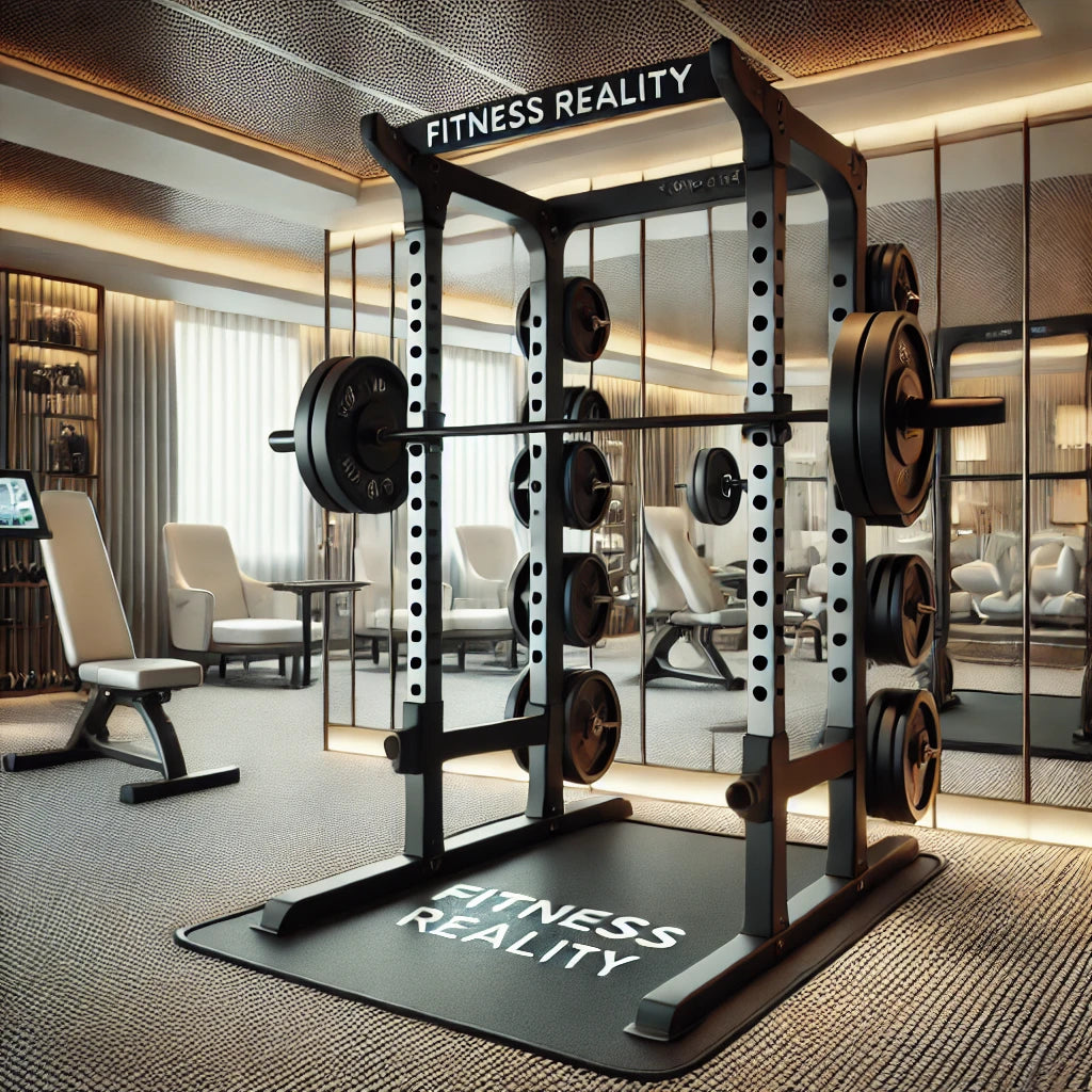 A modern hotel gym with a compact and robust Fitness Reality Squat Rack, equipped with a barbell and weight plates.