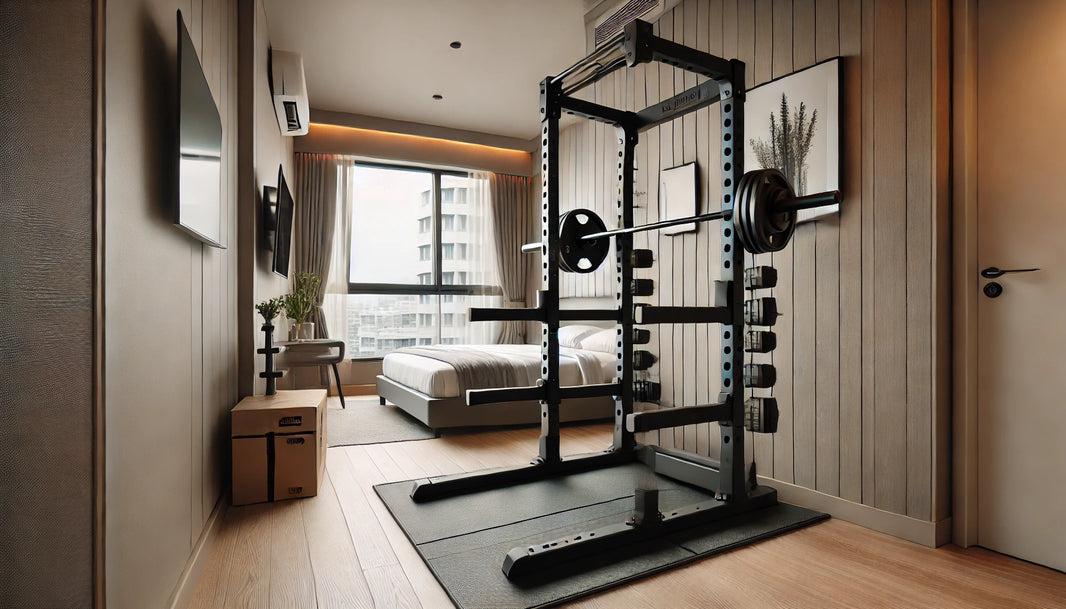 Compact Fitness Reality Squat Rack set up in a small, modern hotel room with minimalistic decor and a window showing a cityscape.