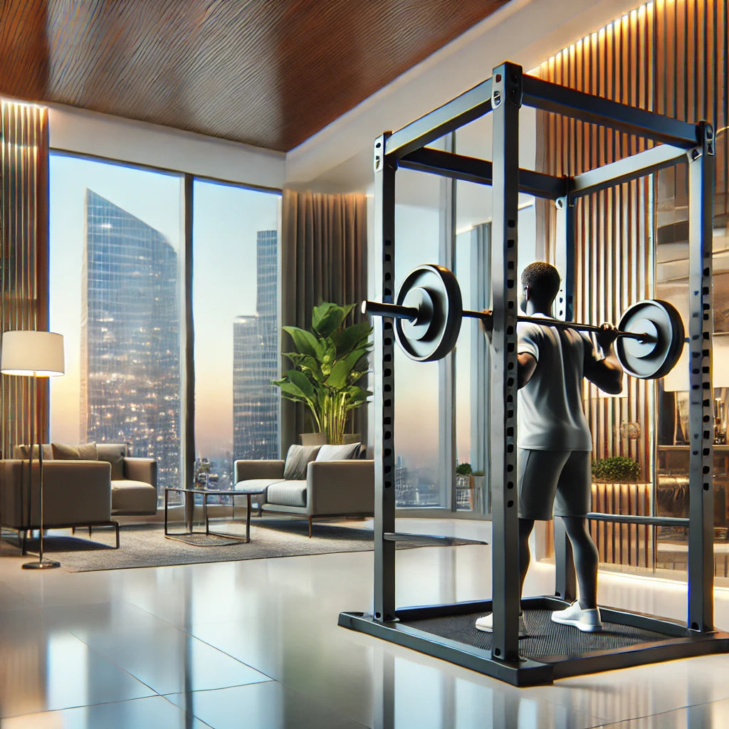 A person demonstrating proper form while using the Fitness Reality Squat Rack in a modern, well-lit hotel room with contemporary decor.