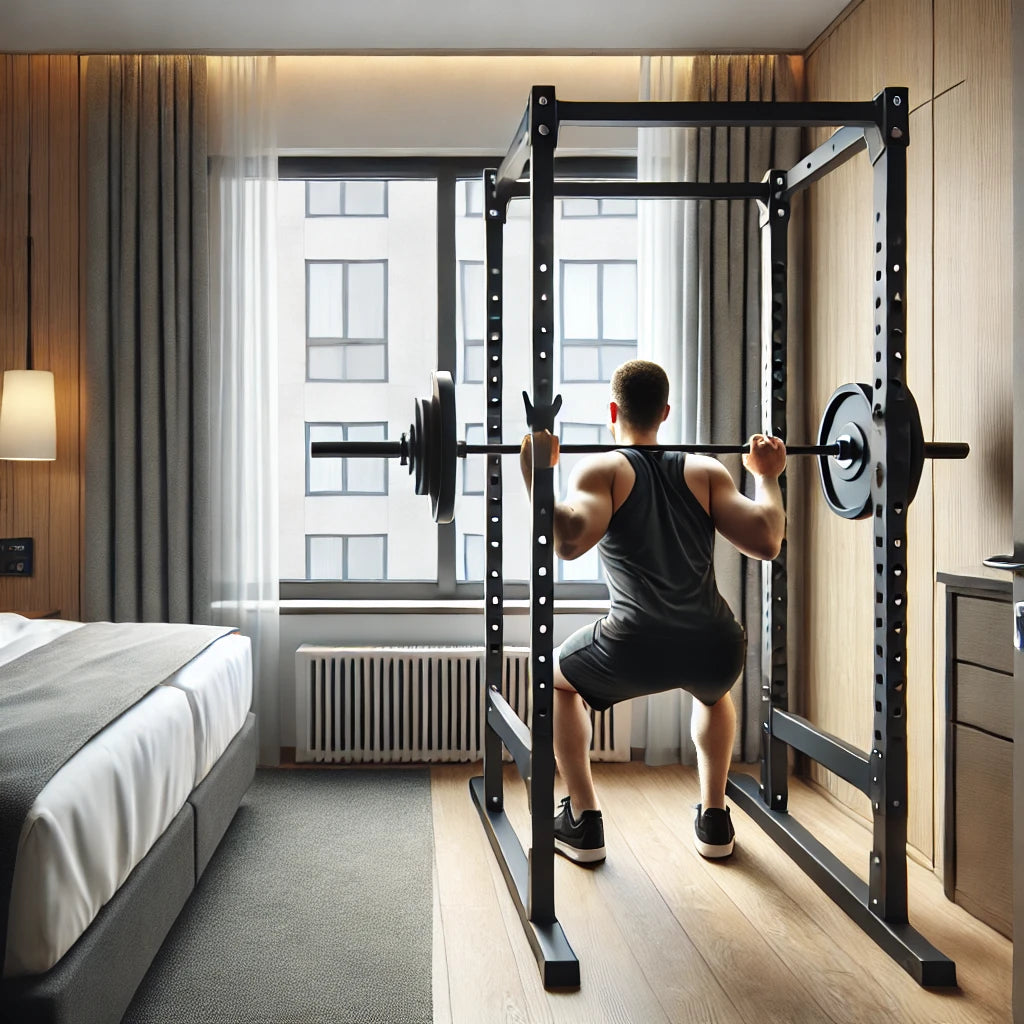 Traveling professional using the Fitness Reality Squat Rack in a compact hotel room for a full-body workout.