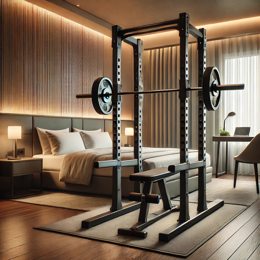 Compact Fitness Reality Squat Rack set up in a modern hotel room, showcasing its versatility and stability for travel-friendly workouts.