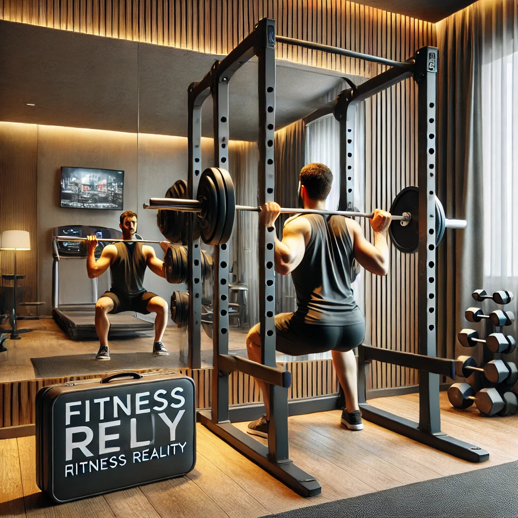Traveling professional using the Fitness Reality Squat Rack in a modern hotel gym. The gym is clean and organized with various workout equipment.