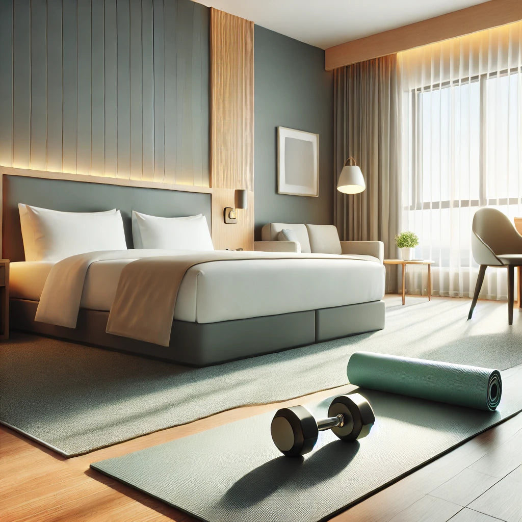 A well-lit hotel room with a yoga mat and dumbbells on the floor, a neatly made bed in the background, and a window allowing natural light in.