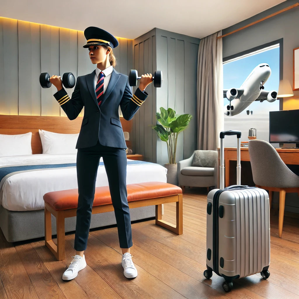 Travel professional exercising with dumbbells in a small hotel room, demonstrating a portable workout routine. A suitcase is visible in the background, highlighting the traveling aspect.