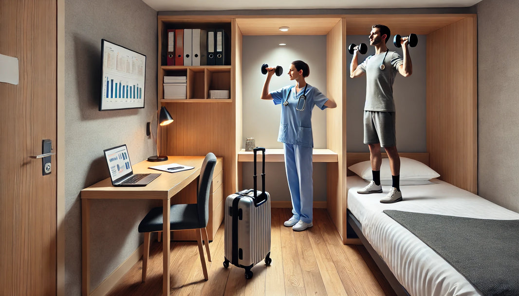 Travel nurse performing a dumbbell workout in a compact hotel room with minimal equipment, demonstrating the ease and practicality of maintaining fitness while traveling.