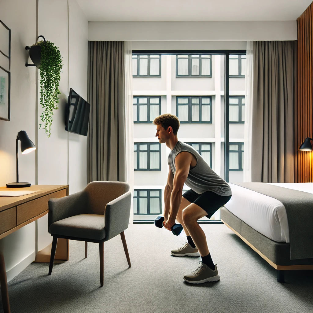 Fit person performing dumbbell exercises in a small hotel room with minimal space, near a bed and a nightstand.