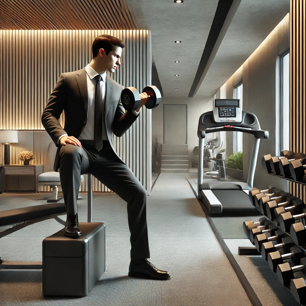 A professional in workout attire performing a dumbbell exercise in a modern hotel gym equipped with basic workout equipment, including dumbbells, a treadmill, and a yoga mat.