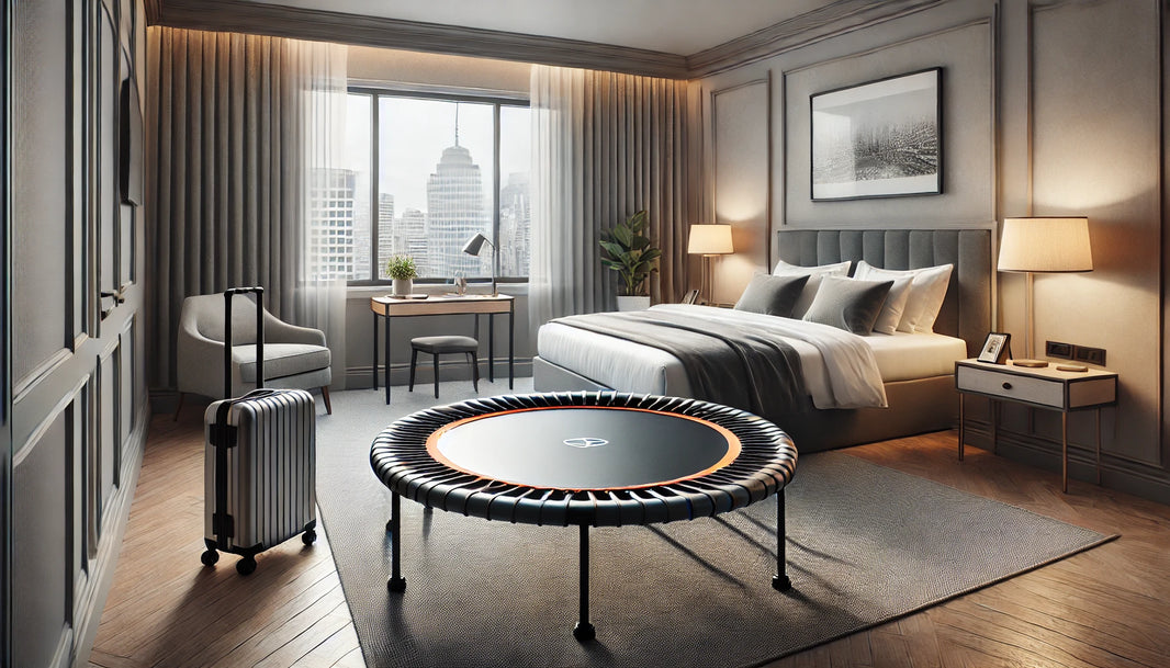 Compact portable fitness trampoline set up in a modern hotel room with a view of the city skyline, showcasing how it fits into small spaces.