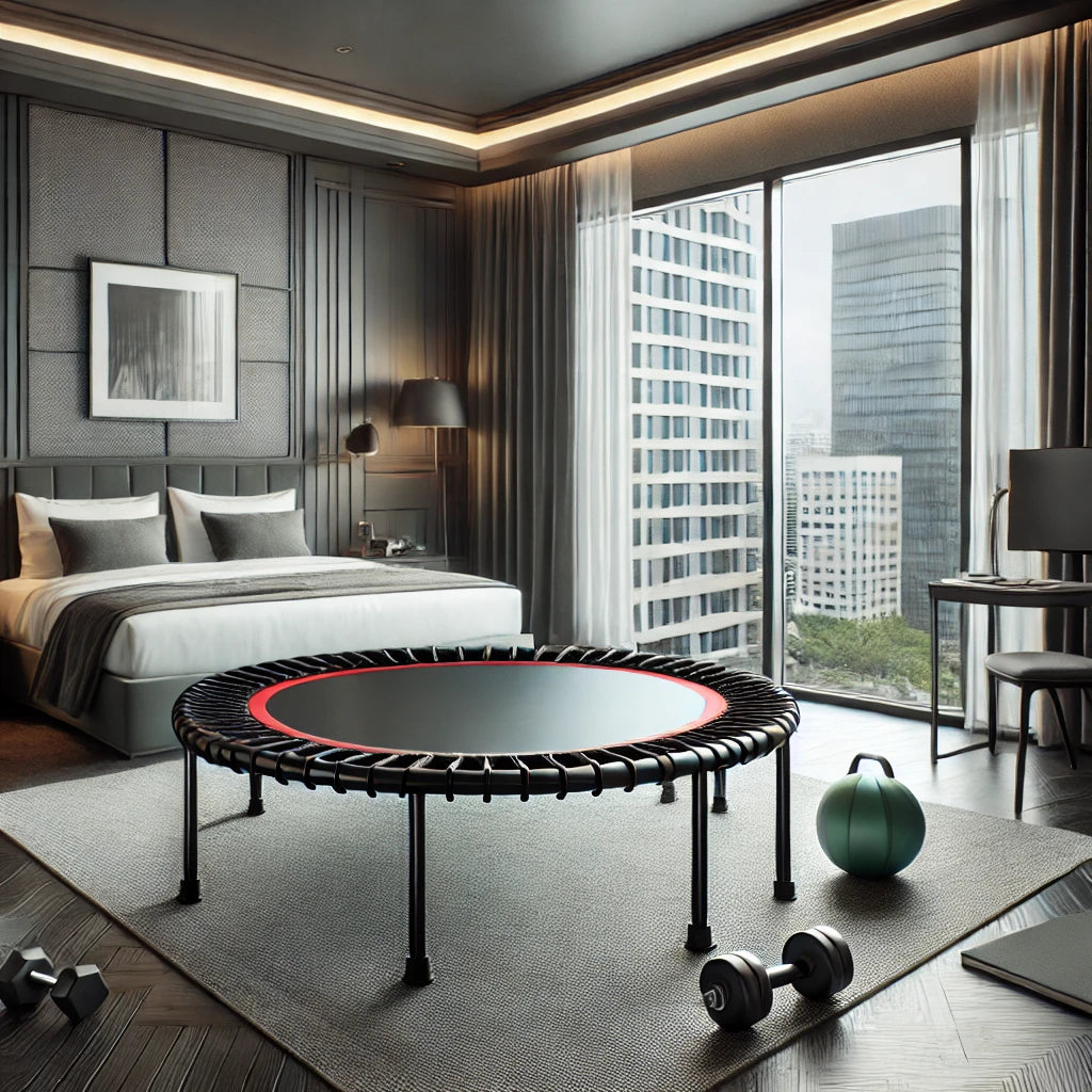 A sleek hotel room with modern decor, featuring a compact fitness trampoline in the center, surrounded by fitness accessories like dumbbells and a yoga mat.
