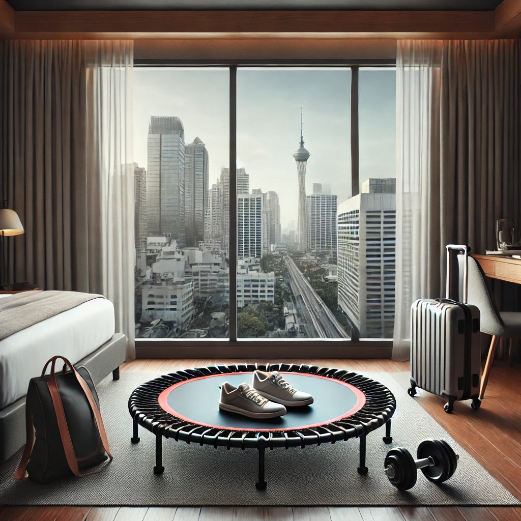 A fitness trampoline in a modern hotel room next to dumbbells, with a cityscape view through the window.