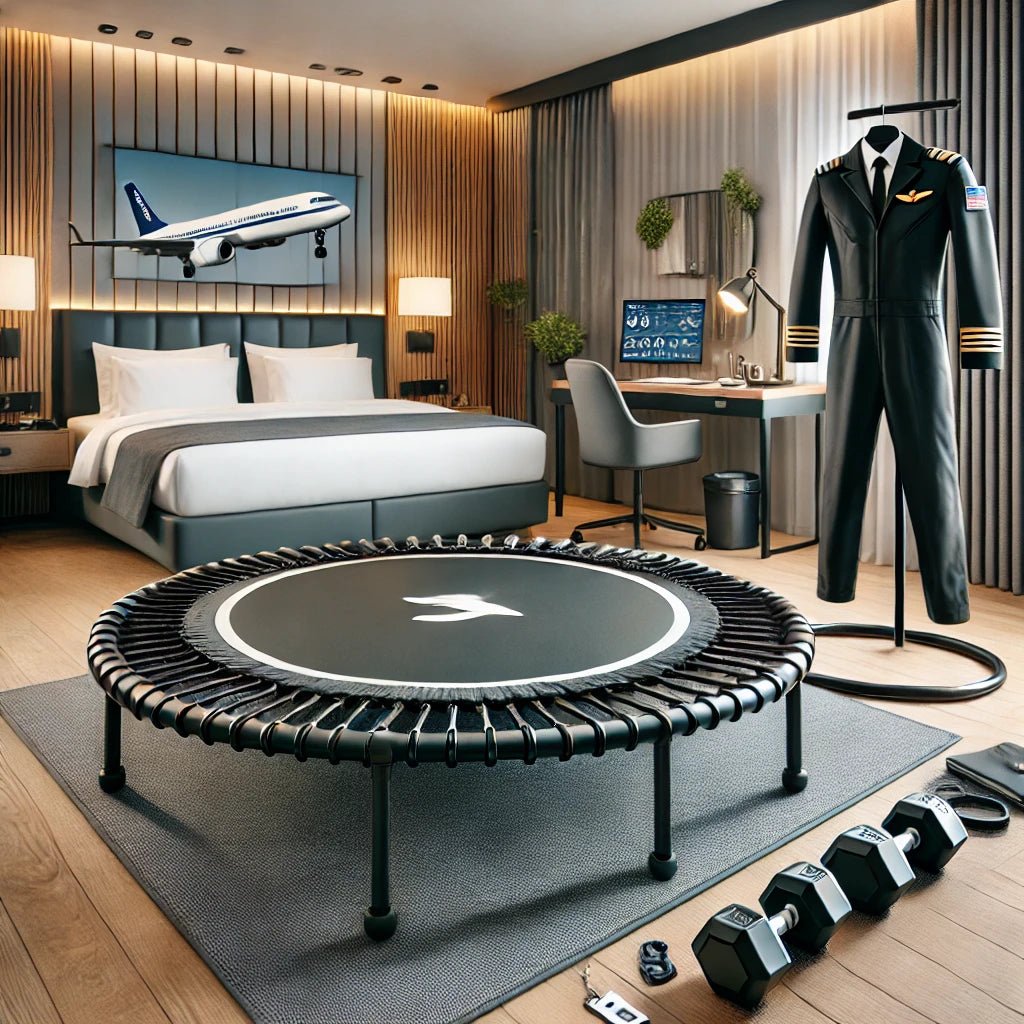 Fitness trampoline in a modern, compact hotel room setup with workout equipment including a mat, dumbbells, and resistance bands, targeting traveling professionals like pilots and travel nurses.