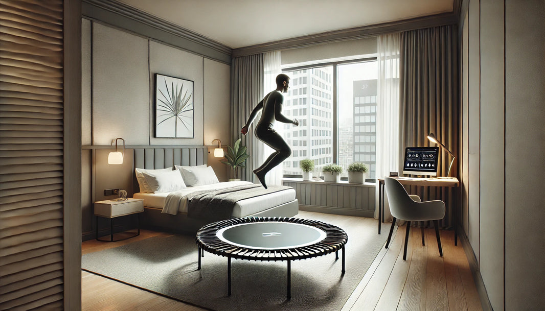 Traveling professional performing a fitness trampoline workout in a small, modern hotel room with a neatly made bed, small desk, and city view window.