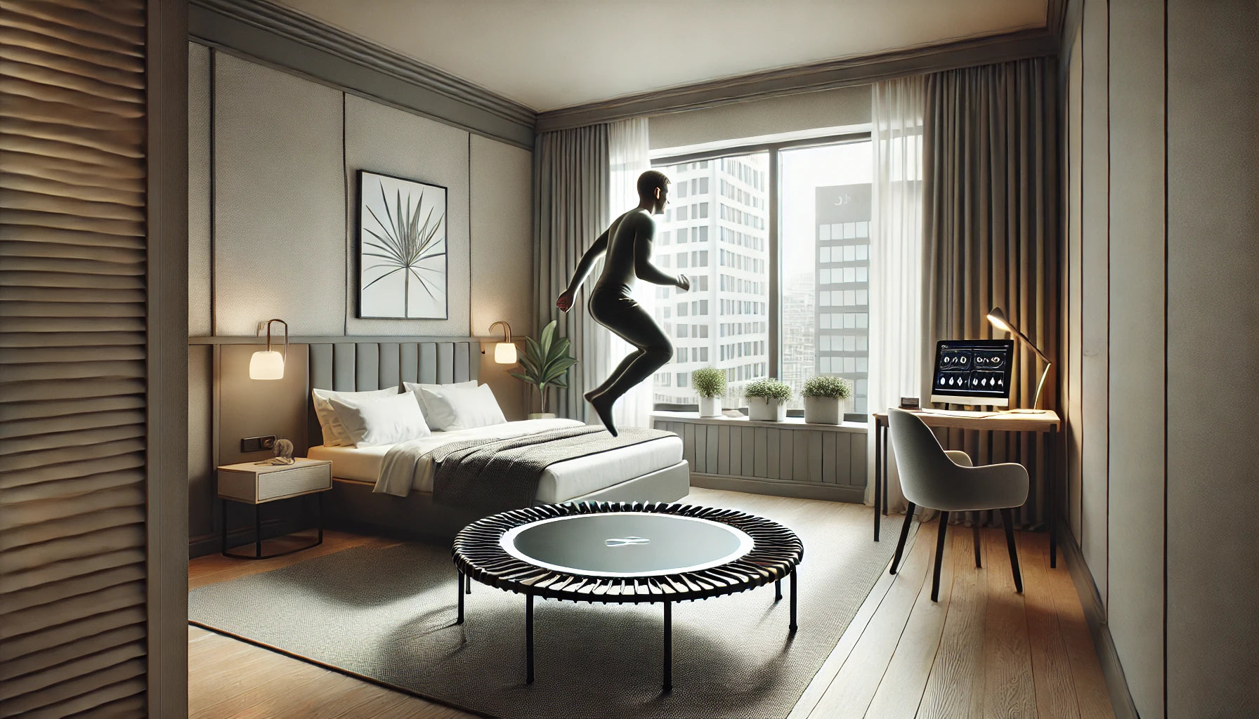 Traveling professional performing a fitness trampoline workout in a small, modern hotel room with a neatly made bed, small desk, and city view window.
