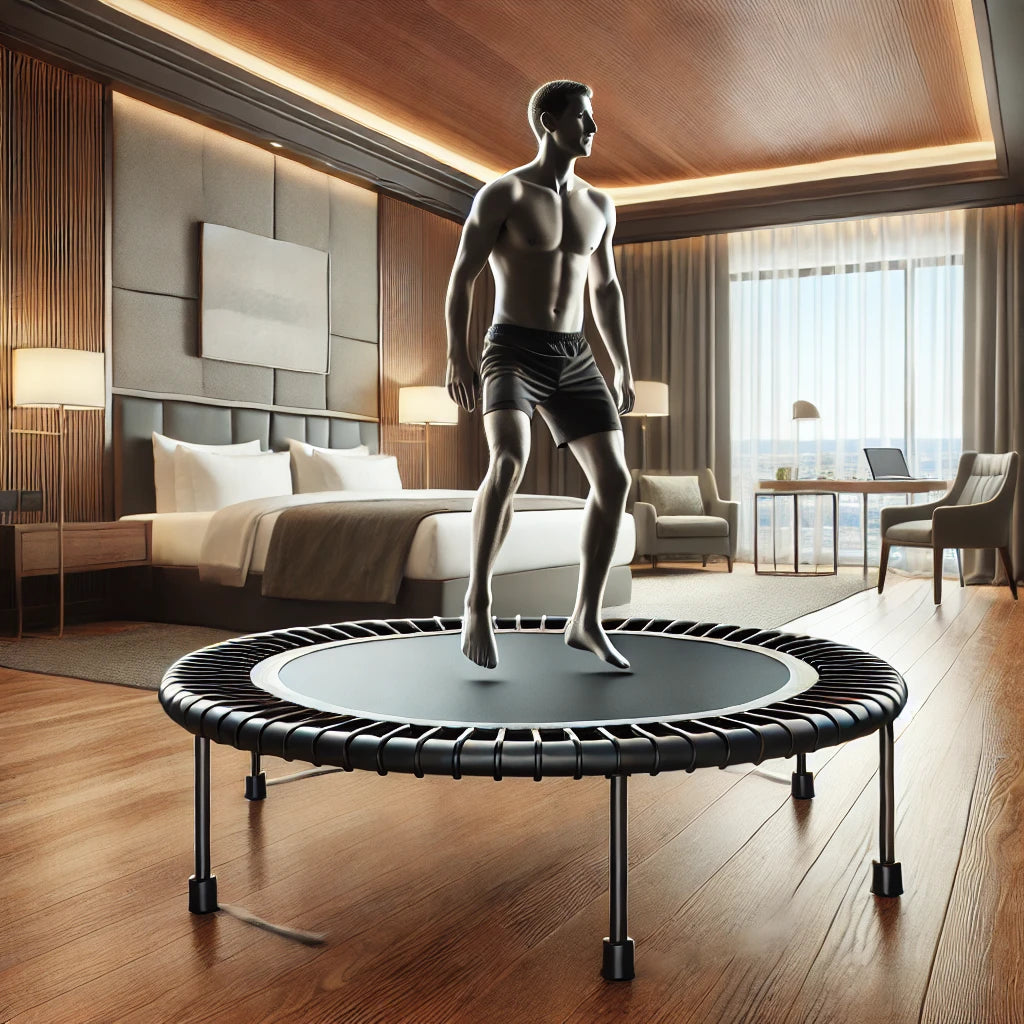 Traveling professional performing a fitness trampoline workout in a modern hotel room, demonstrating cardio, strength, and balance training.