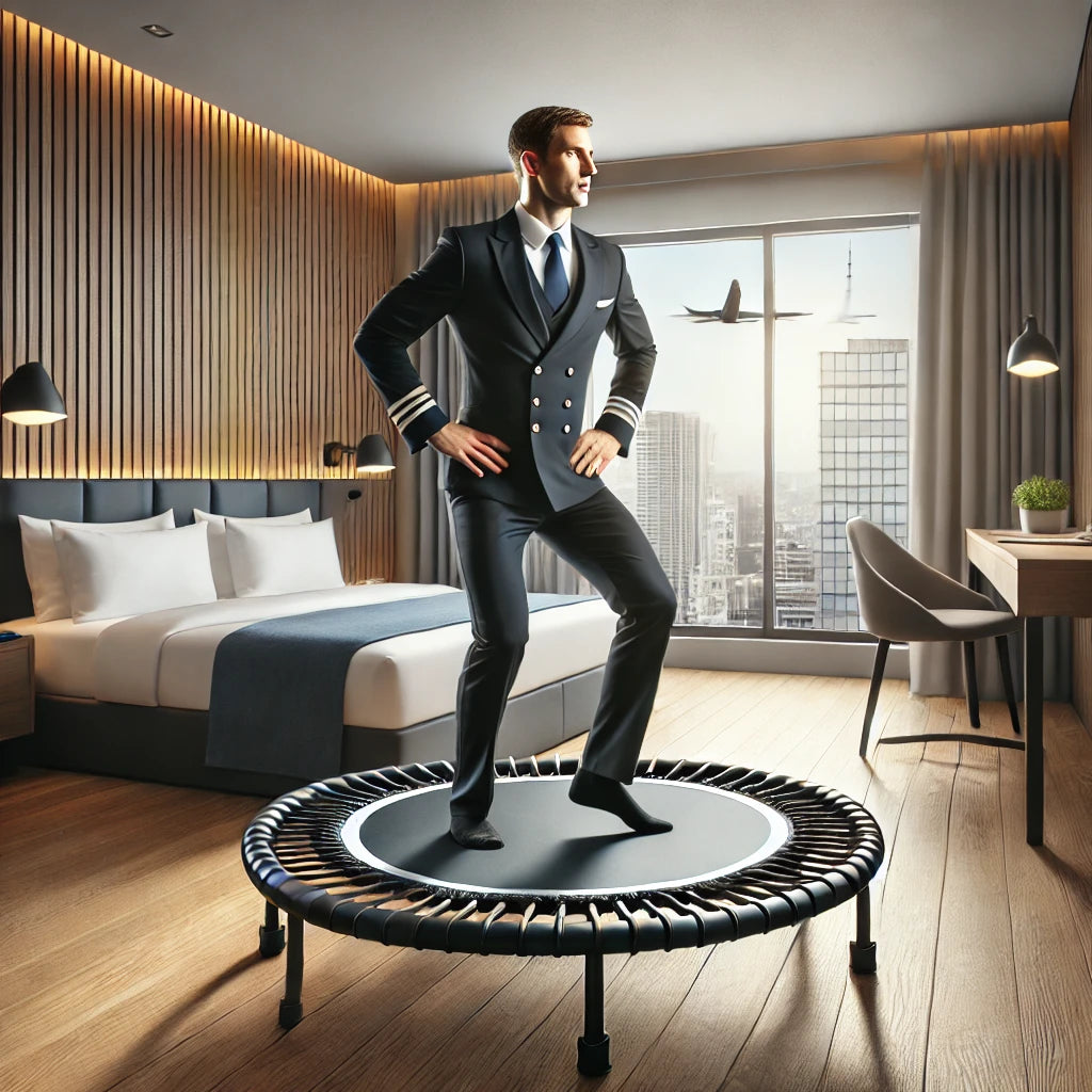 A fit professional, such as a flight attendant or pilot, exercising on a fitness trampoline in a modern, minimalist hotel room with a cityscape view outside the window.