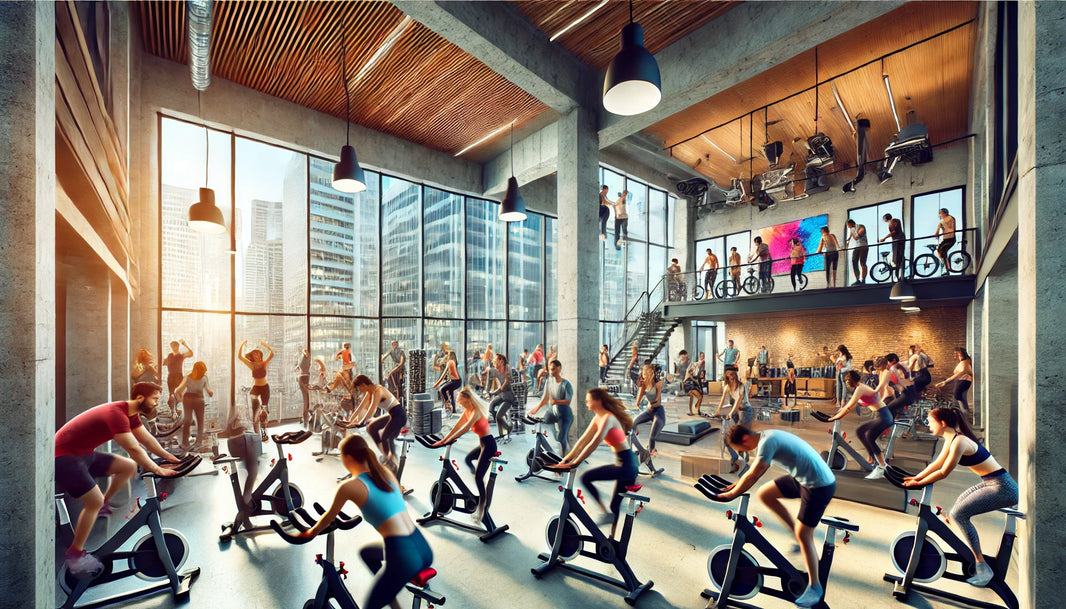Fitness studio in San Francisco's SoMa district with busy professionals participating in high-energy spin classes and calming yoga sessions.