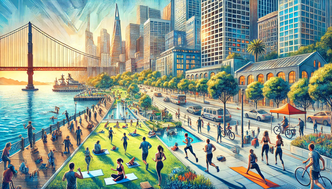 People jogging along the Embarcadero, practicing yoga in a lush green park, and engaging in various fitness activities against the vibrant urban backdrop of San Francisco's South of Market (SoMa) district.