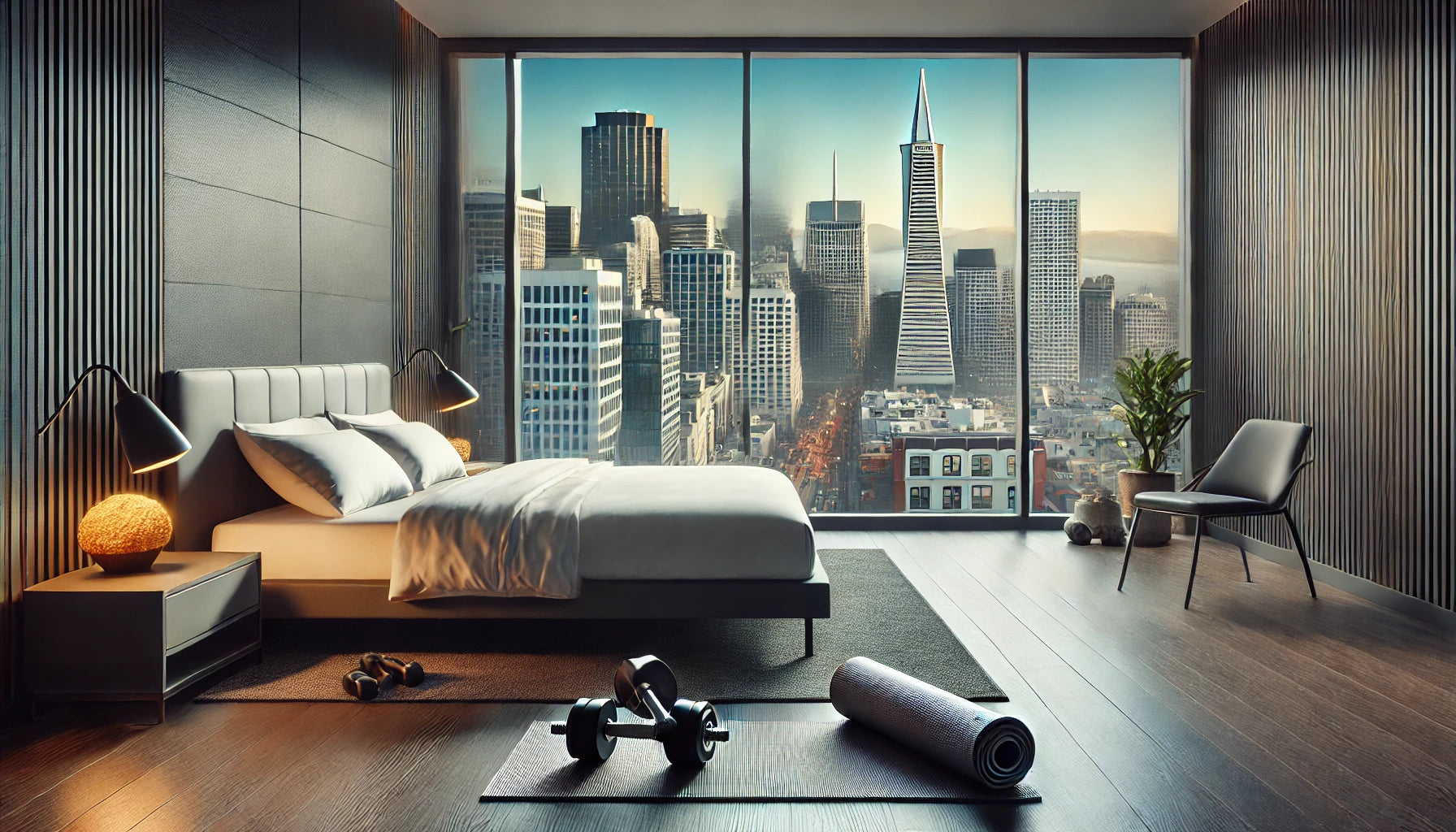 Modern hotel room in San Francisco's SOMA district with city skyline view, featuring dumbbells on the floor near the bed and an exercise mat, ready for a workout.