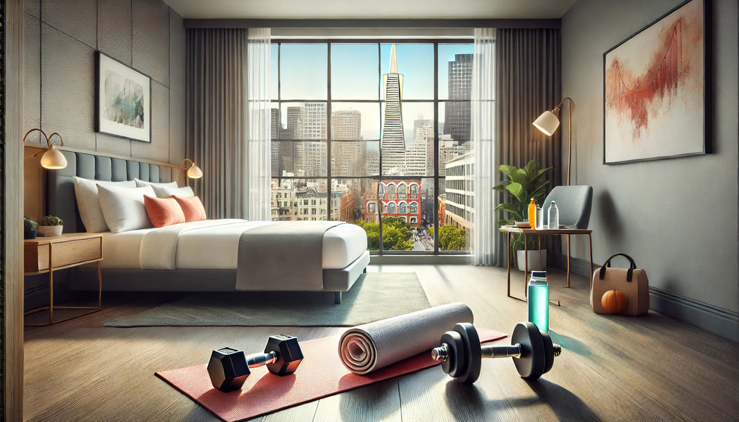 A modern hotel room in San Francisco's Soma district with a set of dumbbells and a yoga mat laid out, ready for a workout.