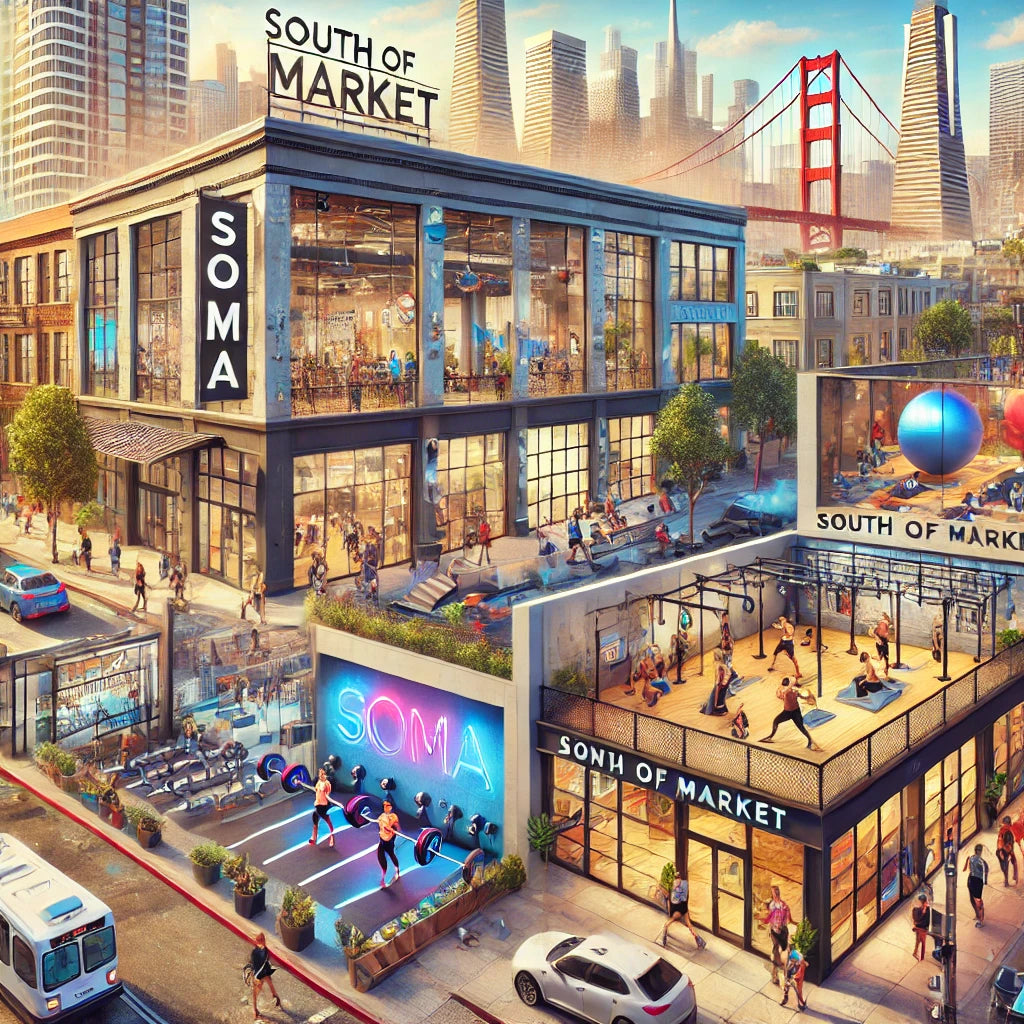 A vibrant scene of San Francisco's South of Market (SoMa) district featuring modern gyms and fitness studios.