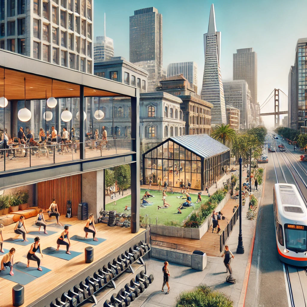 San Francisco's Soma district with a modern gym, yoga studio, and outdoor fitness area.