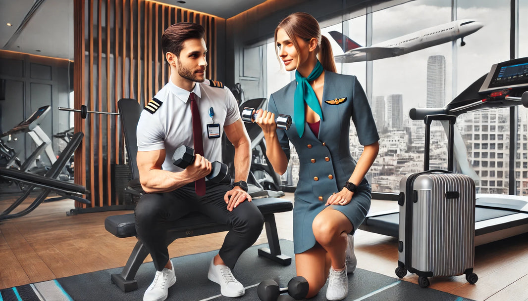 Showing a travel nurse and a flight attendant working out together in a modern hotel gym.