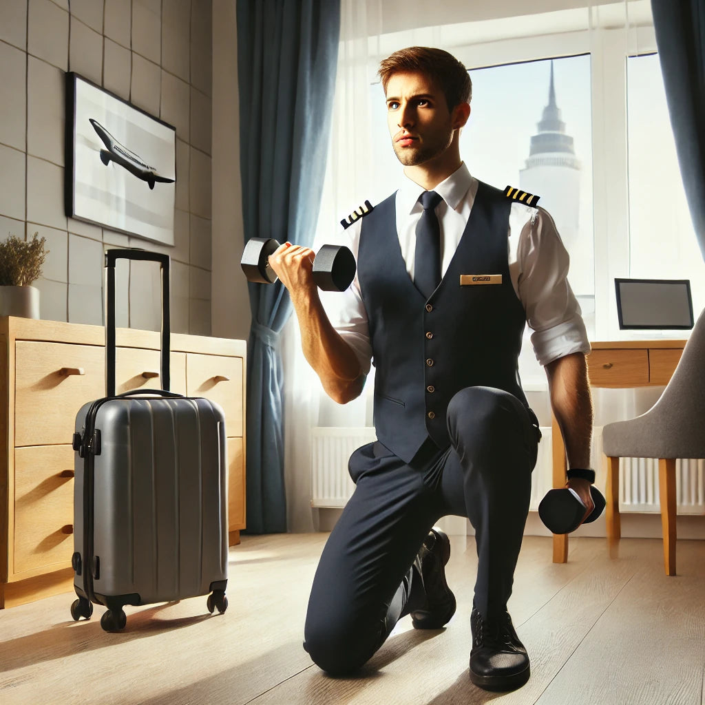 A professional traveler, such as a pilot or flight attendant, exercising with dumbbells in a small hotel room.