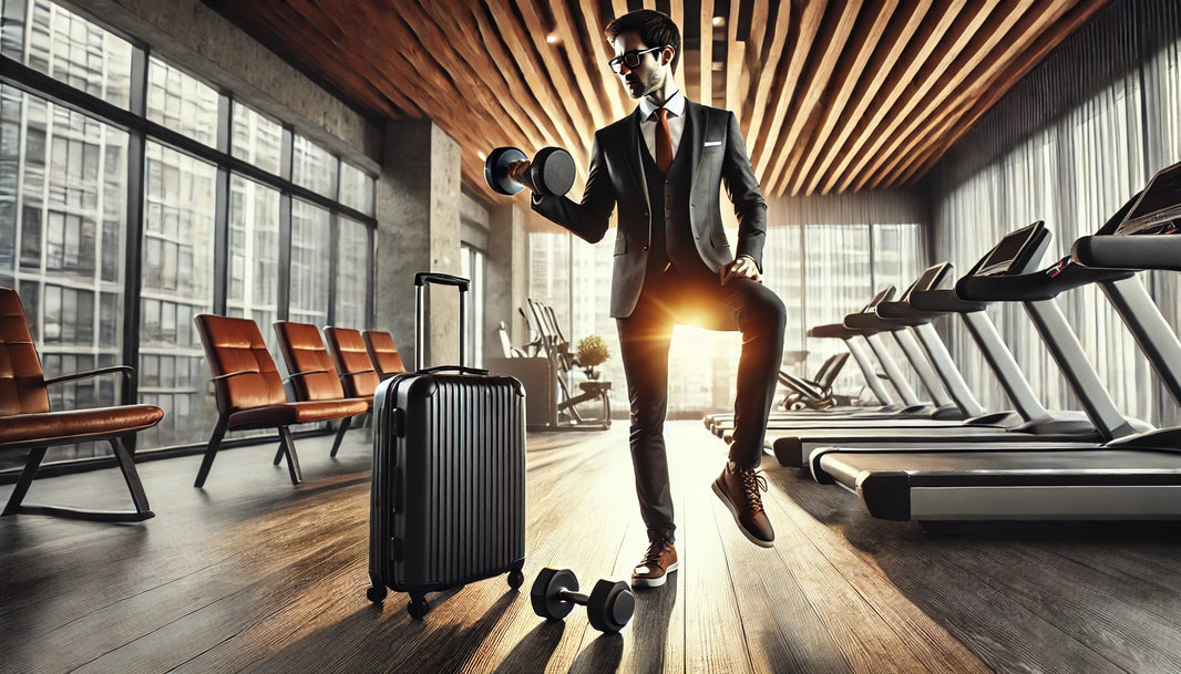 A dynamic and motivational photo of a business traveler in a modern hotel gym, using dumbbells with a suitcase nearby.