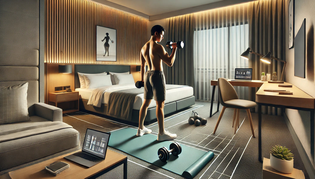 Traveler performing a dumbbell exercise in a well-lit, modern hotel room with a bed, desk, laptop, and open space for workouts.