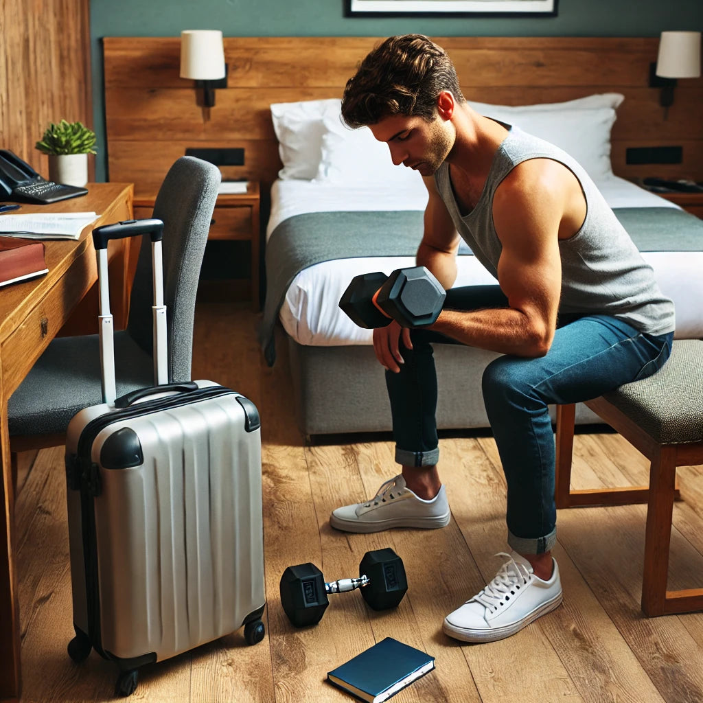 A dedicated travel professional using dumbbells to exercise in a small hotel room, making the most of limited space with minimal equipment and travel essentials visible.