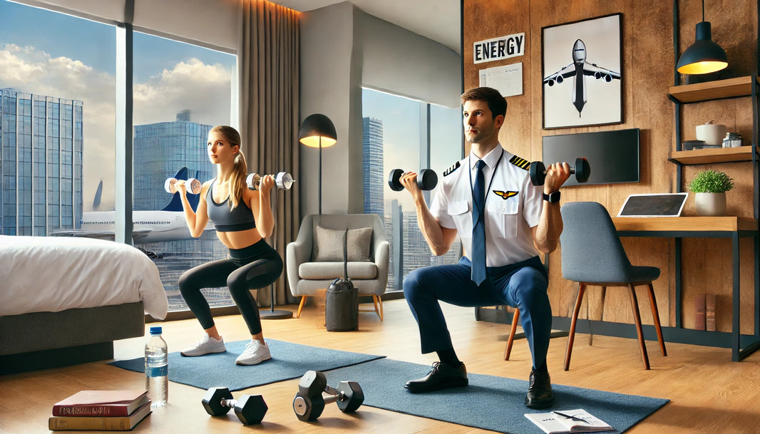 Professional pilot and flight attendant performing dumbbell workouts in a modern, organized hotel room.