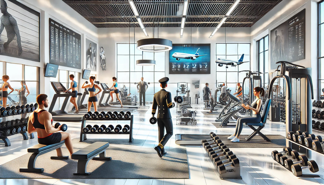 A modern gym with bright, spacious interiors featuring various fitness equipment such as dumbbells, treadmills, and weight machines.