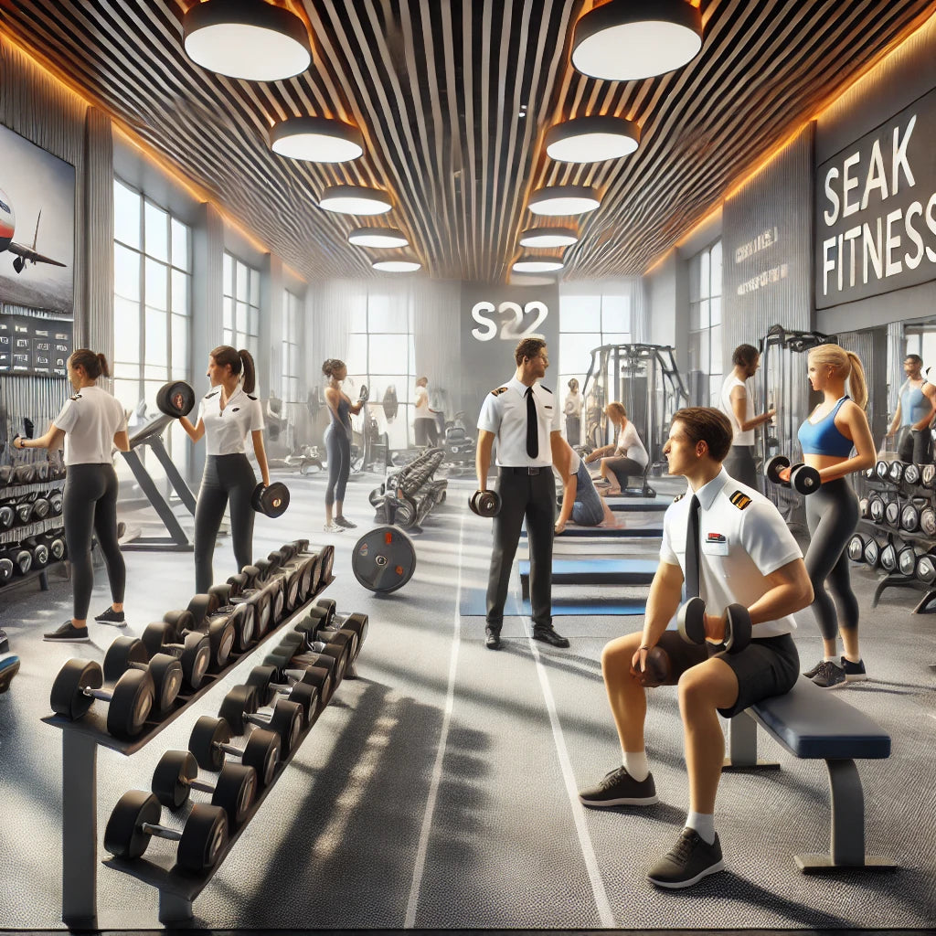 Traveling professionals, including a pilot, flight attendant, and travel nurse, performing dumbbell exercises at Fitness World Gym with state-of-the-art facilities.