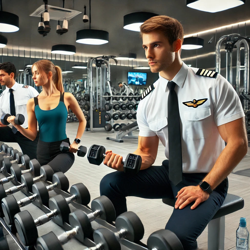 Male pilot doing bicep curls, female flight attendant doing shoulder presses, and travel nurse doing lunges in a modern gym setting with neatly arranged dumbbells on racks.