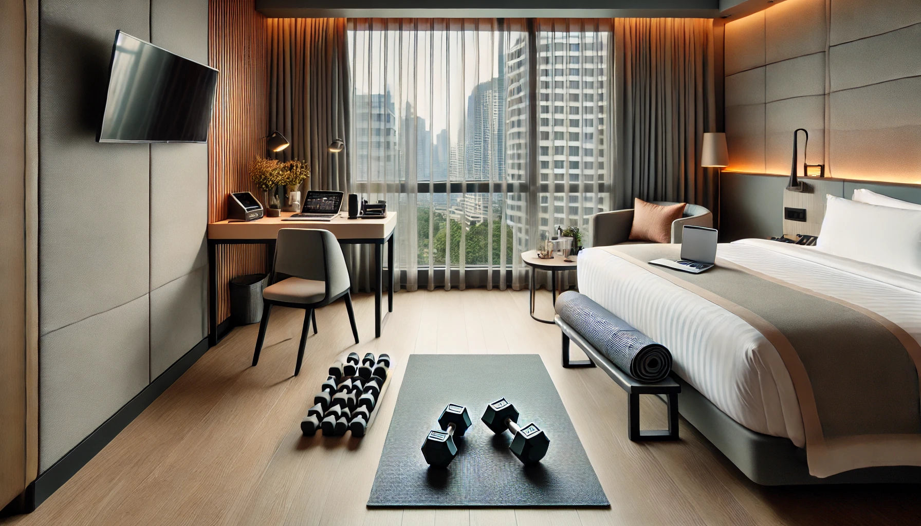 Modern hotel room fitness corner with dumbbells, yoga mat, and portable workout bench by large windows with cityscape view, perfect for traveling professionals.