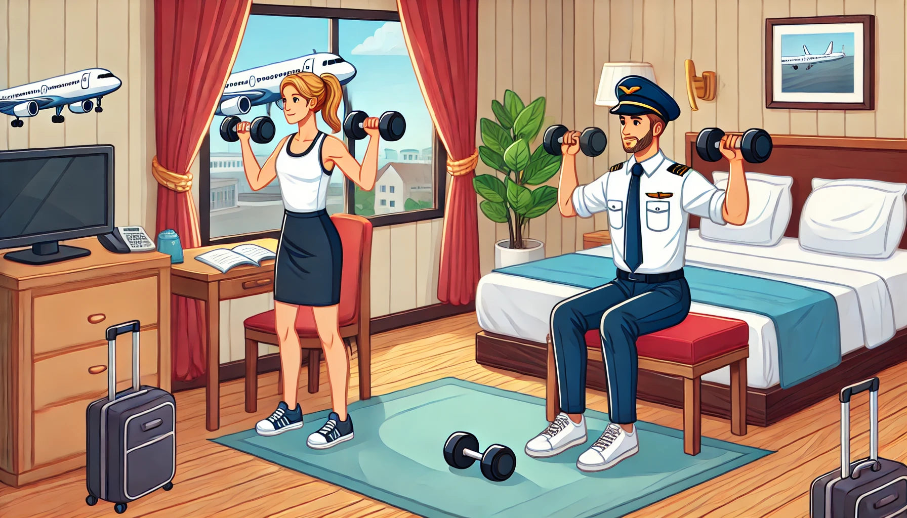 Flight attendant and pilot performing dumbbell workouts in a hotel room.