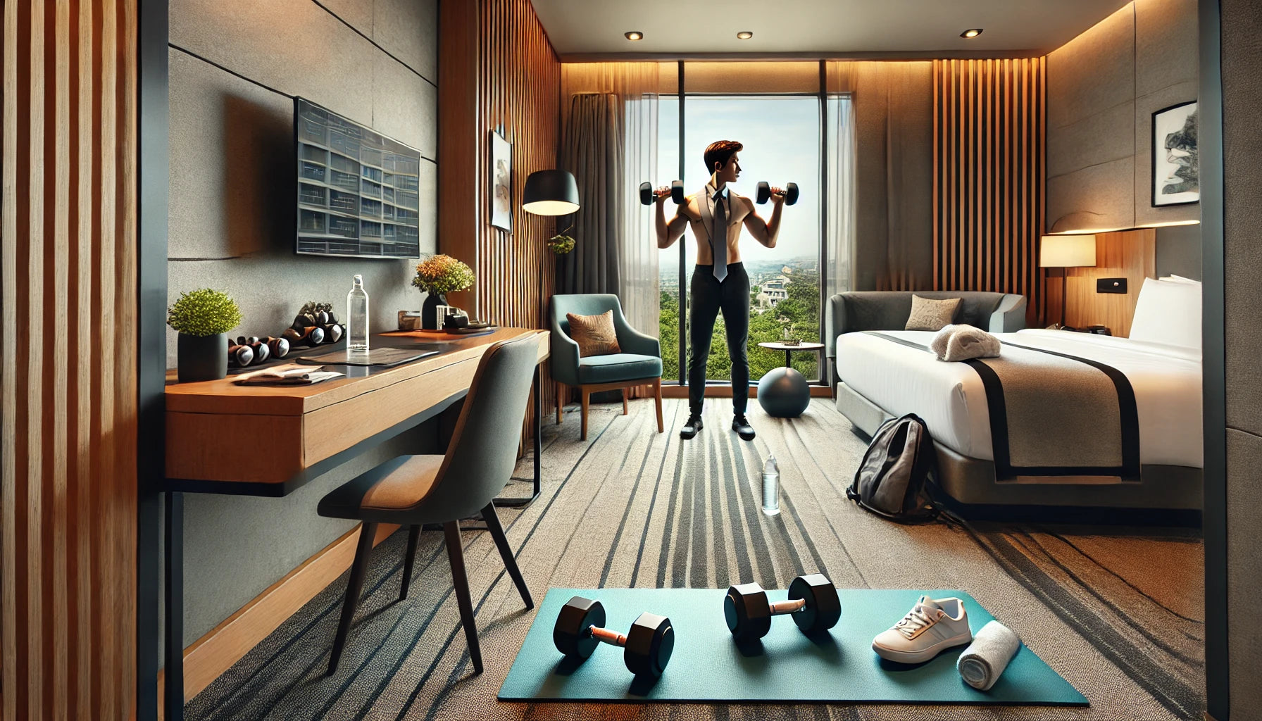 Professional traveler performing a dumbbell workout in a hotel room with a fitness corner, including dumbbells, a yoga mat, and a chair, demonstrating a compact and efficient exercise routine.